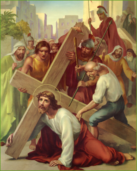 Third station of the cross depicting Jesus falls for the first time