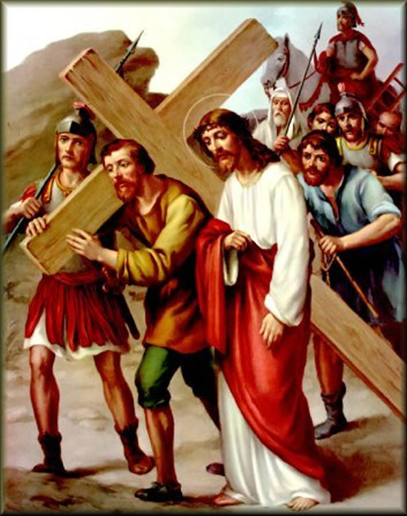 fifth station of the cross depicting Simon of Cyrene helps Jesus to carry the cross