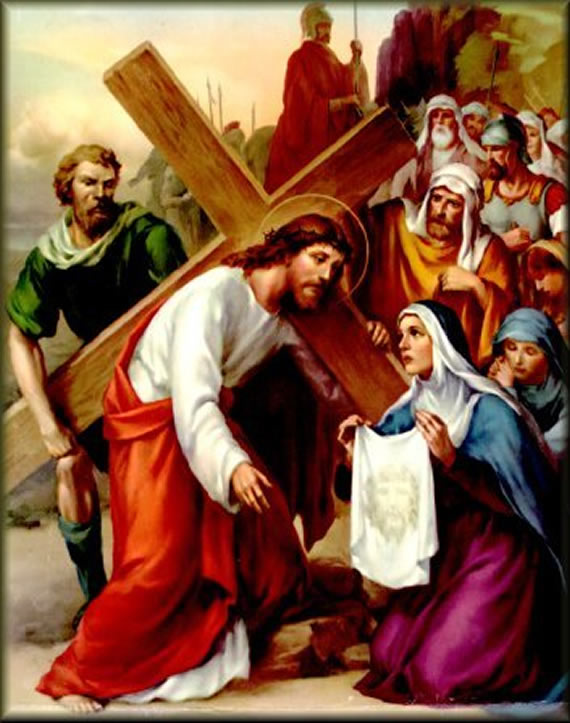 sixth  station of the cross depicting Simon of Cyrene helps Jesus to carry the cross